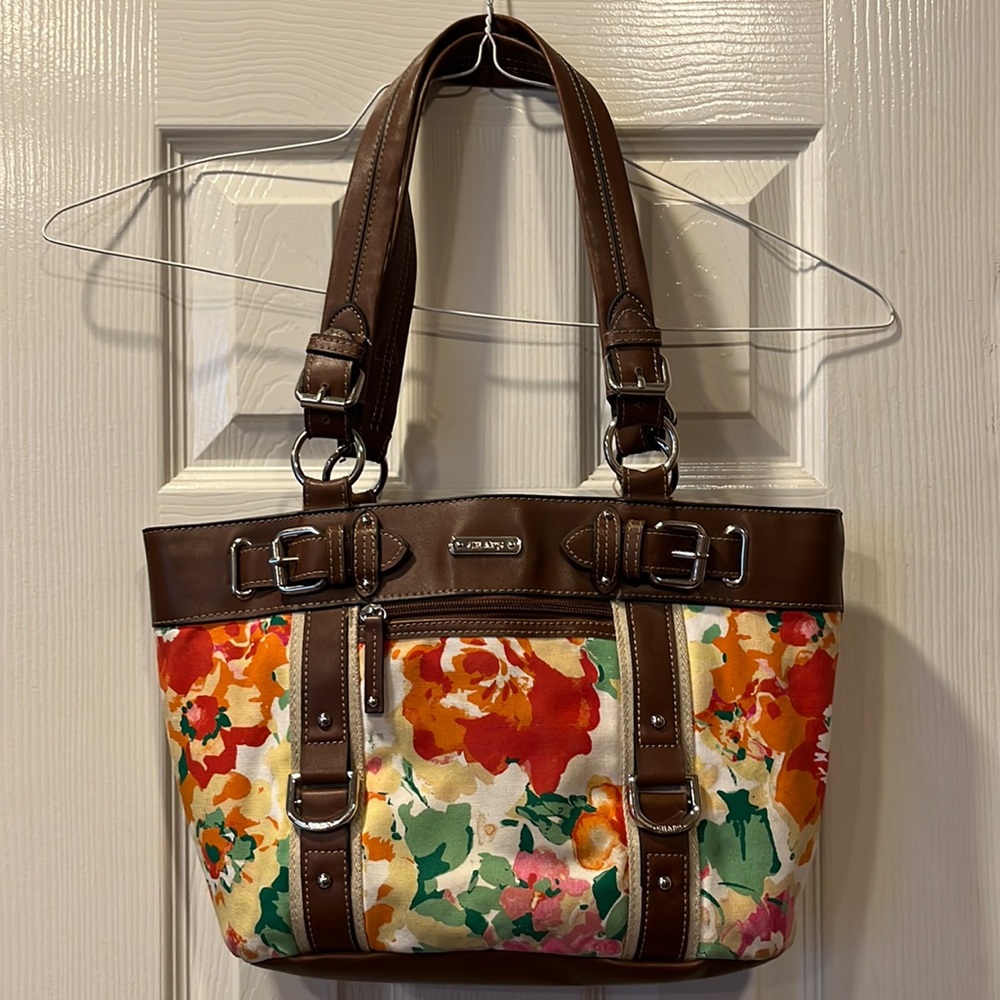 Chaps Ralph Lauren Brown Leather Floral Flower Purse Handbag